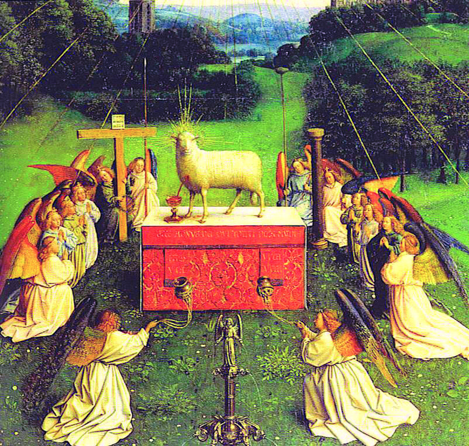 J. Van Eyck, L'Agnello Mistico mentre passeggiava nei dintorni di Siena, San Francesco incontrò un enorme gregge di pecore